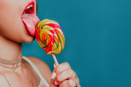 Young teen woman licking lollipop, persona holding sweet caramel on stick in handの写真素材