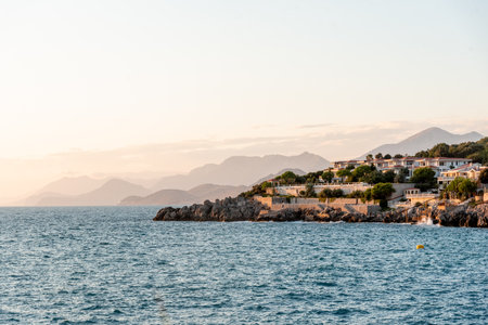Seascape in the light of the sun landscape sunset, pond outside, Adriatic Sea wave, nature scenery Utjeha, Montenegroの写真素材