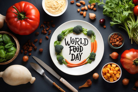 AI Generative Greeting card inscription World Food Day on the background of foodの素材