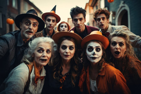 AI Generative Group of people friends in Halloween costumes posing for selfie photo on dark scary backgroundの素材