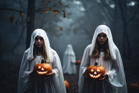 AI Generative Children in white Halloween ghost costume on dark scary backgroundの素材
