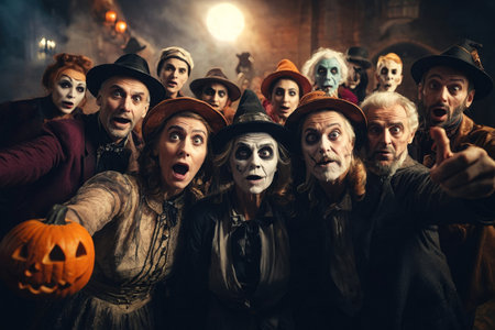 AI Generative Group of people friends in Halloween costumes posing for selfie photo on dark scary backgroundの素材