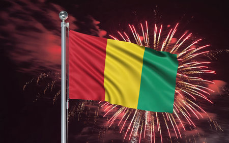 AI Generative The national flag of the independence of the state of Guinea, background of fireworksの素材