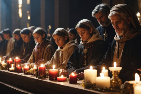 AI Generative People on the night of All Saints Day in decorated church with burning candlesの素材