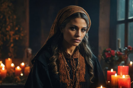 AI Generative Young woman on the night of All Saints Day in decorated church with burning candlesの素材