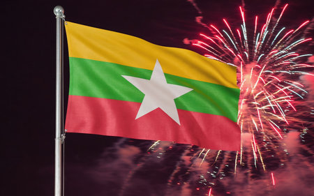 AI Generative The national flag of the independence of the state of Myanmar, background of fireworksの素材