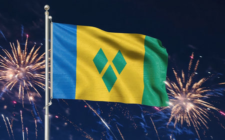 National flag independence state Saint Vincent and Grenadines, background fireworks. AI Generativeの素材