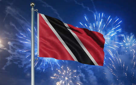AI Generative The national flag of the independence of the state of Trinidad and Tobago, background of fireworksの素材