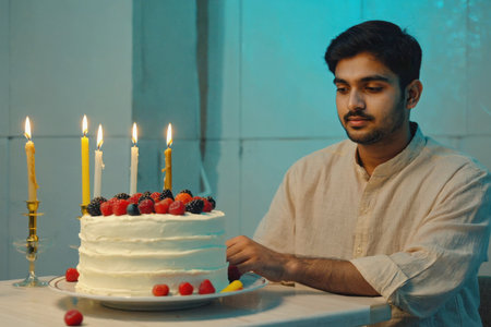 AI Generative Young man blowing out candles on cake, happy birthday celebrationの素材