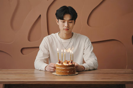 AI Generative Young man blowing out candles on cake, happy birthday celebrationの素材