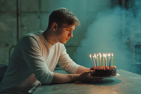 AI Generative Young man blowing out candles on cake, happy birthday celebrationの素材