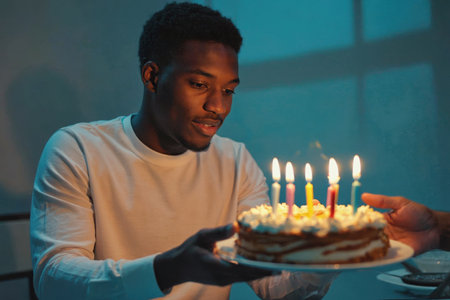 AI Generative Young man blowing out candles on cake, happy birthday celebrationの素材