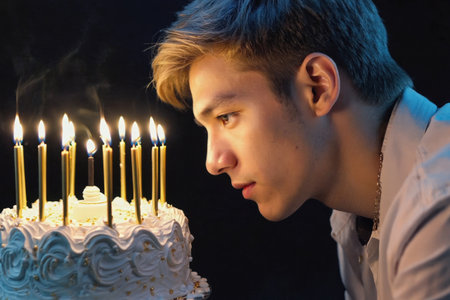 AI Generative Young man blowing out candles on cake, happy birthday celebrationの素材