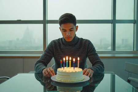 AI Generative Young man blowing out candles on cake, happy birthday celebrationの素材