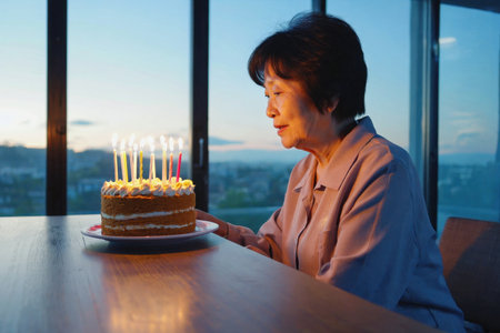AI Generative Adult woman blowing out candles on cake, happy birthday celebrationの素材