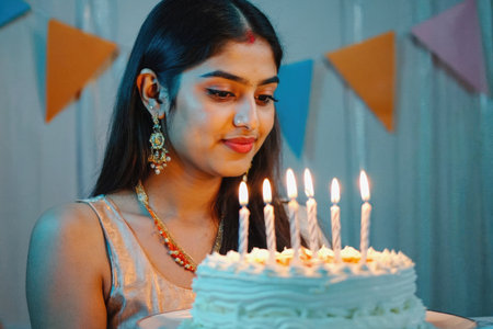 AI Generative Young woman blowing out candles on cake, happy birthday celebrationの素材