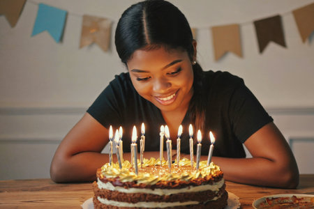 AI Generative Young woman blowing out candles on cake, happy birthday celebrationの素材
