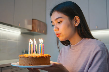 AI Generative Young woman blowing out candles on cake, happy birthday celebrationの素材