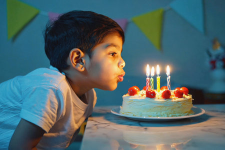 AI Generative Kid boy blowing out candles on cake, children's birthday celebrationの素材