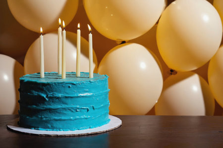 AI Generative Festive Cake for Happy Birthday with Burning Candles, Card with Copy Spaceの素材