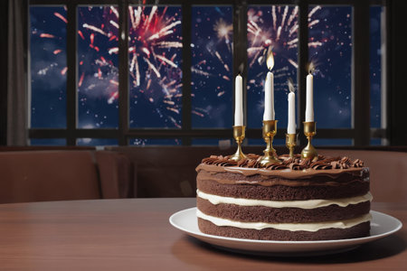 AI Generative Festive Cake for Happy Birthday with Burning Candles, Card with Copy Spaceの素材