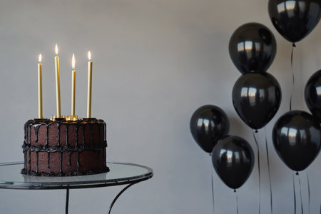 AI Generative Festive Cake for Happy Birthday with Burning Candles, Card with Copy Spaceの素材