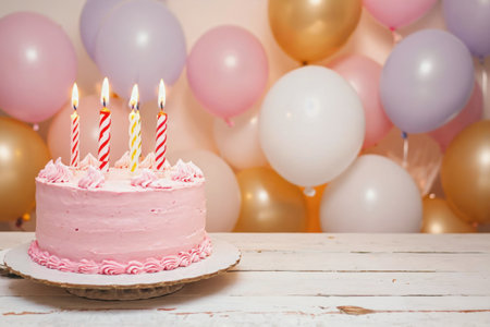 AI Generative Festive Cake for Happy Birthday with Burning Candles, Card with Copy Spaceの素材