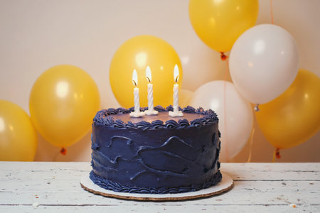 AI Generative Festive Cake for Happy Birthday with Burning Candles, Card with Copy Spaceの素材