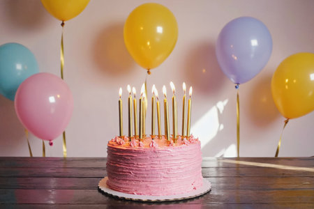 AI Generative Festive Cake for Happy Birthday with Burning Candles, Card with Copy Spaceの素材