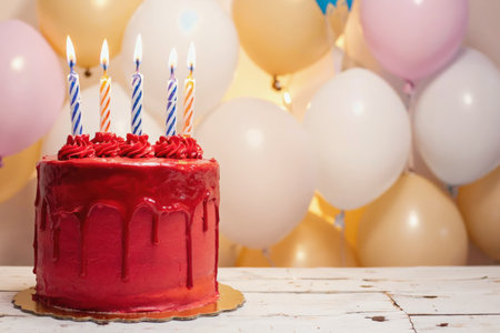 AI Generative Festive Cake for Happy Birthday with Burning Candles, Card with Copy Spaceの素材