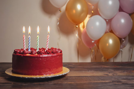 AI Generative Festive Cake for Happy Birthday with Burning Candles, Card with Copy Spaceの素材
