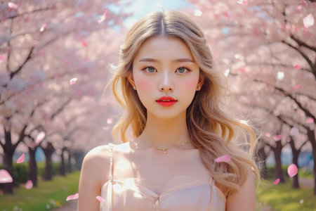 AI Generative Woman standing under the branches of Japanese cherry blossom tree with pink flowers sakuraの素材