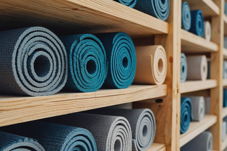 AI Generative Rolled up yoga mats with Pilates gym interior in backgroundの素材
