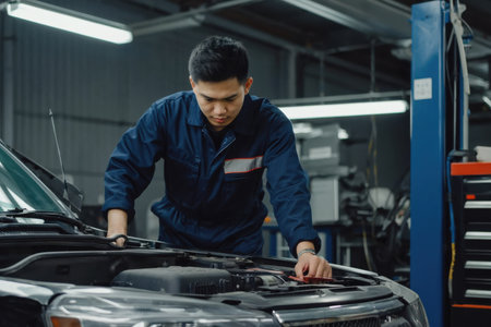 AI Generative man auto mechanic conducts an examination of breakdowns and repairs the transport car in car serviceの素材