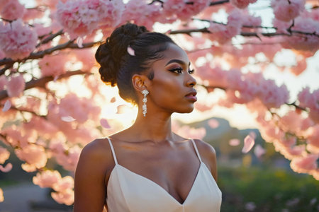 AI Generative Woman standing under the branches of Japanese cherry blossom tree with pink flowers sakuraの素材