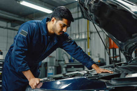 AI Generative man auto mechanic conducts an examination of breakdowns and repairs the transport car in car serviceの素材