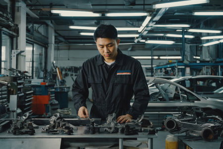 AI Generative man auto mechanic conducts an examination of breakdowns and repairs the transport car in car serviceの素材