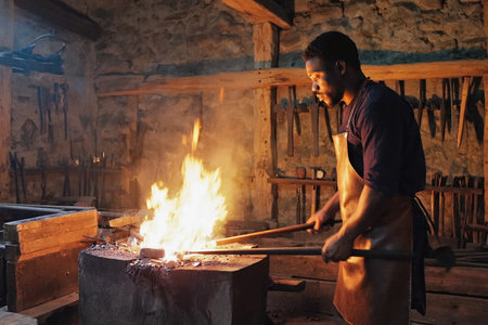 AI Generative Man blacksmith forging metal in manufactory forge, handmade from steel and ironの素材