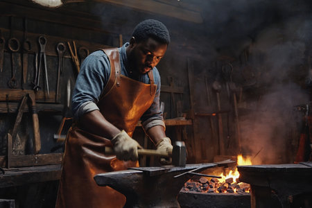 AI Generative Man blacksmith forging metal in manufactory forge, handmade from steel and ironの素材