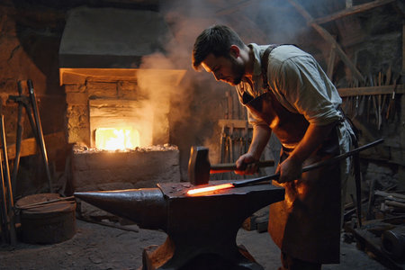 AI Generative Man blacksmith forging metal in manufactory forge, handmade from steel and ironの素材