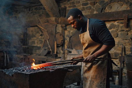 AI Generative Man blacksmith forging metal in manufactory forge, handmade from steel and ironの素材