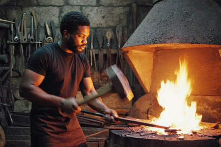 AI Generative Man blacksmith forging metal in manufactory forge, handmade from steel and ironの素材