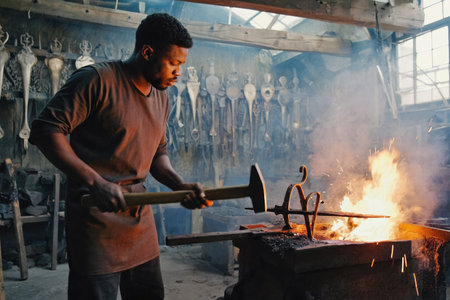 AI Generative Man blacksmith forging metal in manufactory forge, handmade from steel and ironの素材
