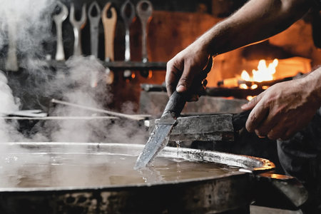 AI Generative Man blacksmith forging metal in manufactory forge, handmade from steel and ironの素材