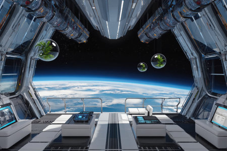 AI Generative The interior of spaceship, space and planets in the windowの素材