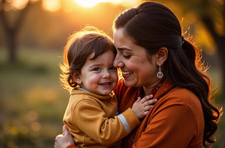 AI Generative Indian mom hugging toddler baby outside in parkの素材