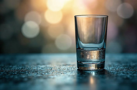 AI Generative Glass mug with cold clean clear water with ice on a black backgroundの素材