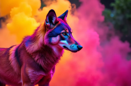 AI Generative Animal wolf sprayed with colorful colors holi, Indian spring festivalの素材