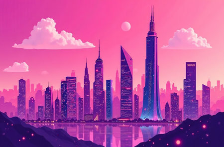 AI Generative Futurism science fiction, cyber city, panorama virtual realityの素材