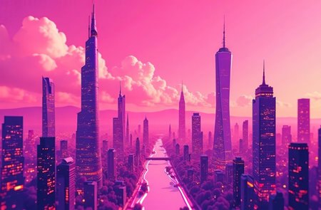 AI Generative Futurism science fiction, cyber city, panorama virtual realityの素材